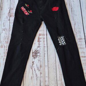 Romwe Black Jeans with Embroidered Patches - Size 38